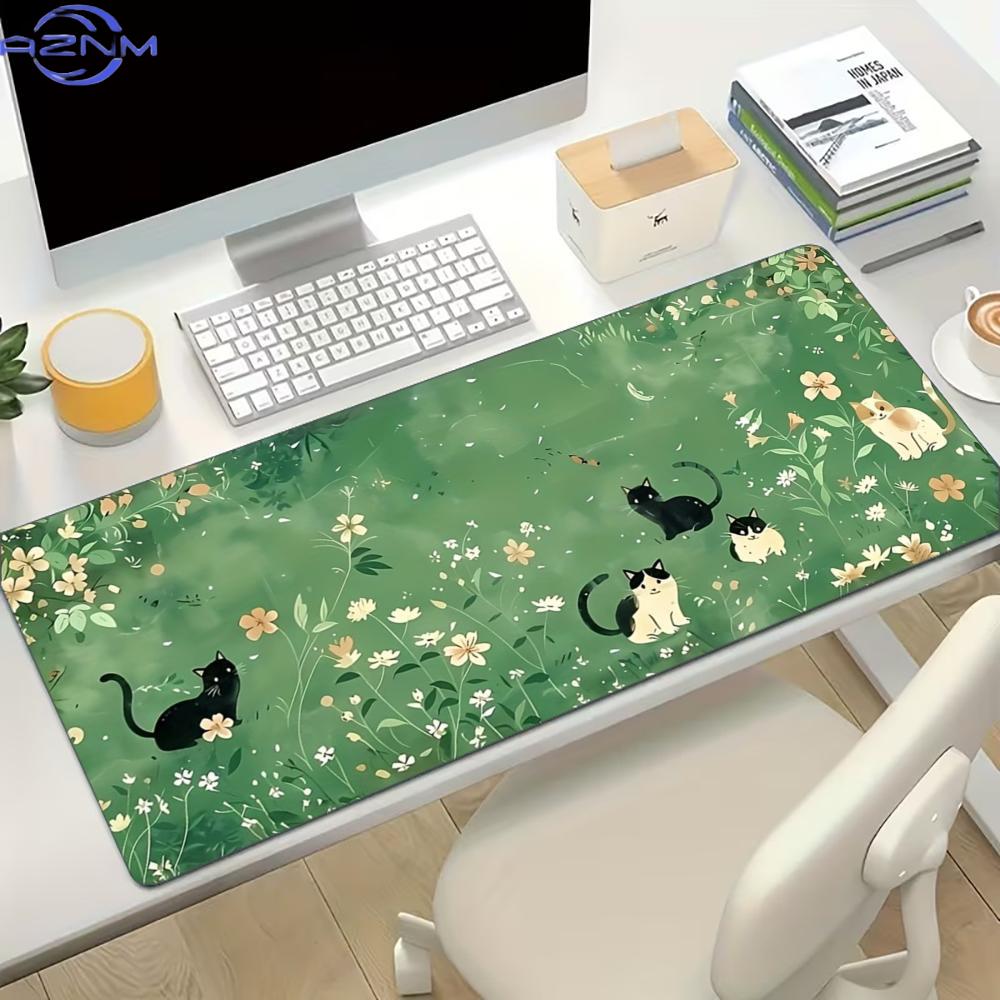 Desk Setup For Gaming - Florales, niedliches Katzen-Gaming-Mauspad, rutschfeste Gummi-Kantenverstärkung, erweiterte