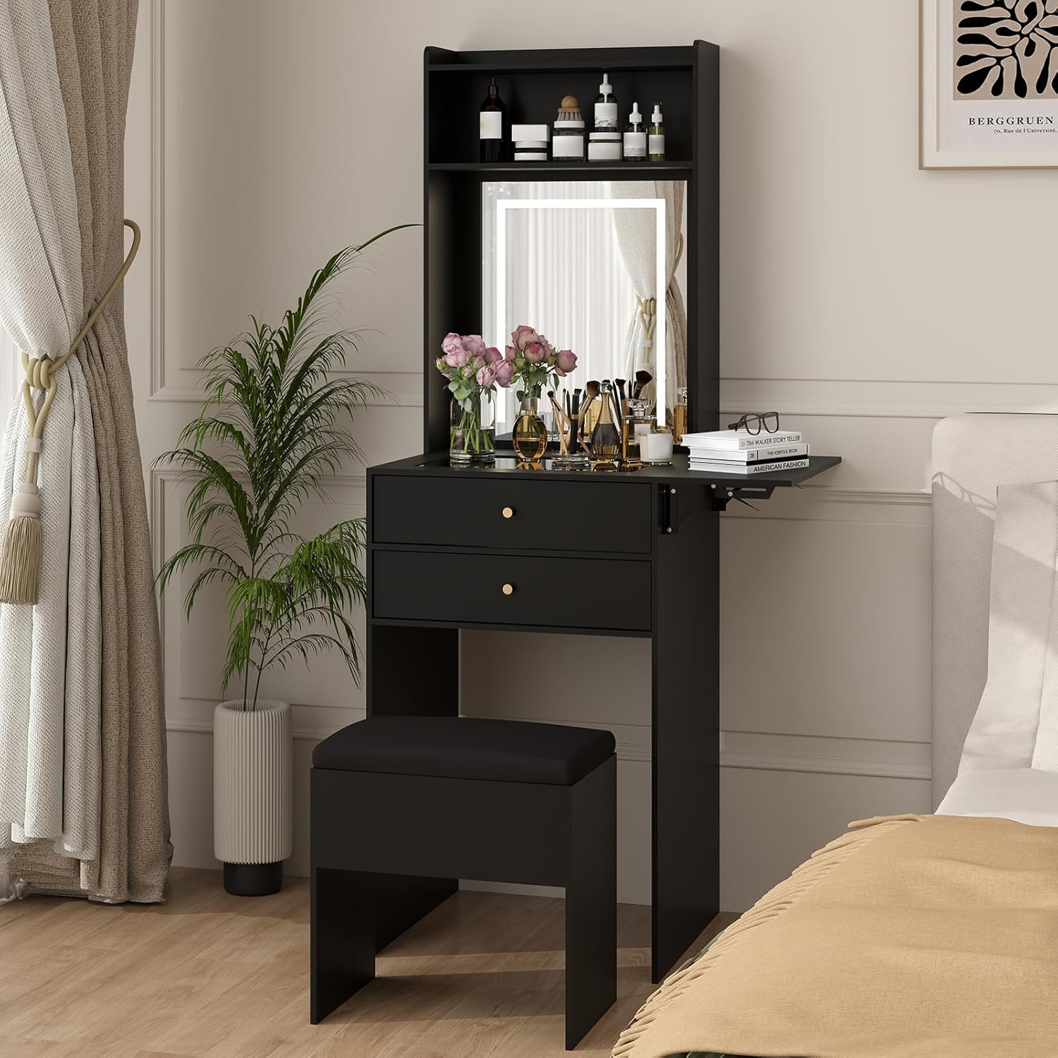 Desk Setup Black And Wood - Mini-Schminktisch-Set in Schwarz für Schlafzimmer mit