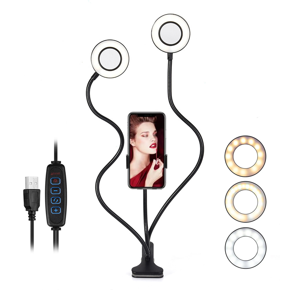 Dual Phone Holder - Dual Lights LED-Ringfülllicht, flexible USB-Ringlicht-Einfülllampe, dimmbare