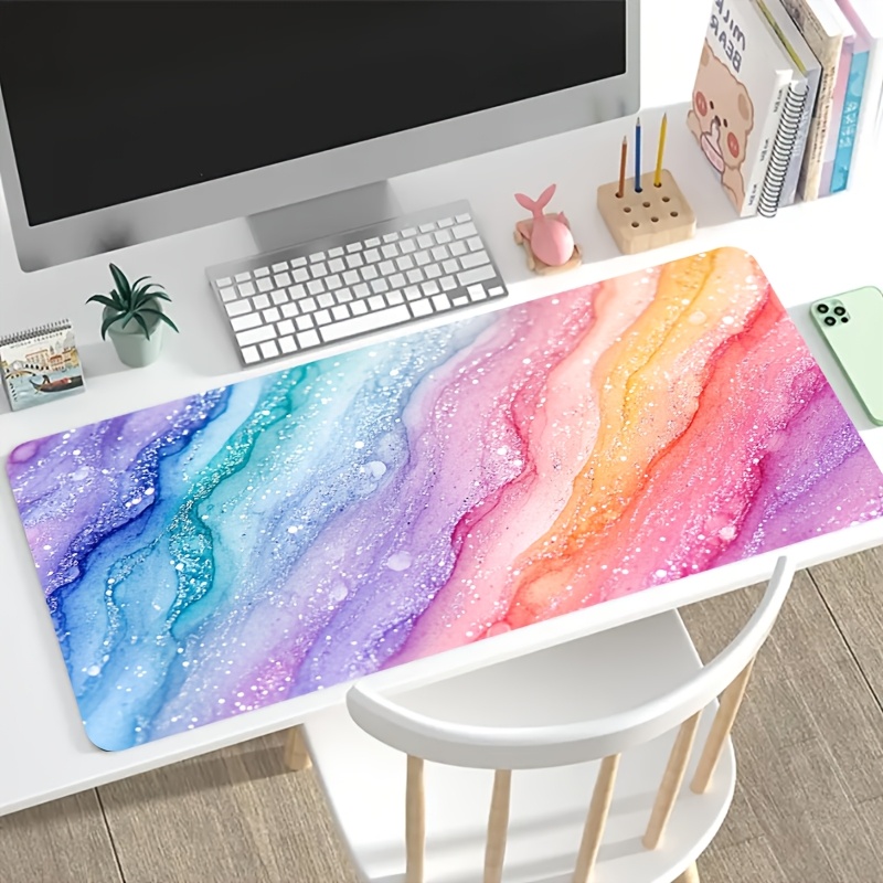 Desk Setup For Gaming - Leuchtendes Regenbogen-Glitzer-Marmor-Mauspad, Rutschfeste Erweiterte Schreibtischunterlage für